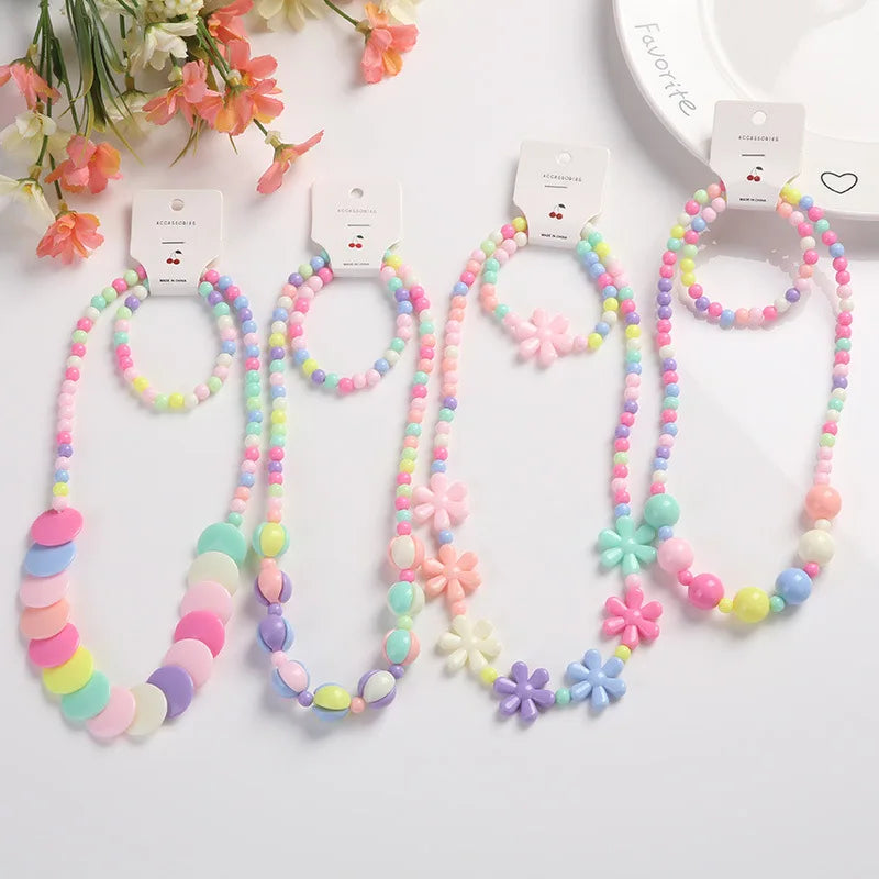 Heart Necklace and Colorful Bead Bracelet Set - Cute Jewelry for Girls - ZOOMNSTORE