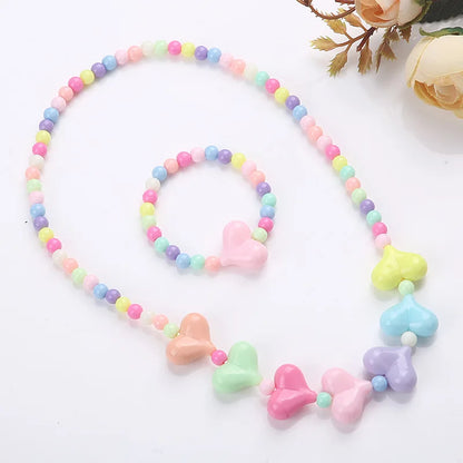 Heart Necklace and Colorful Bead Bracelet Set - Cute Jewelry for Girls - ZOOMNSTORE