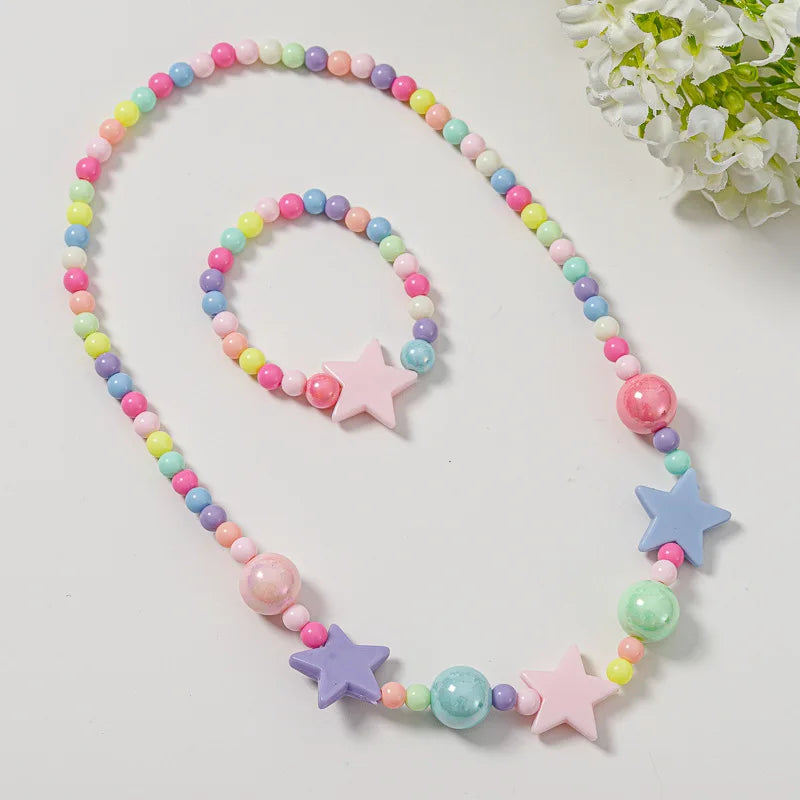 Heart Necklace and Colorful Bead Bracelet Set - Cute Jewelry for Girls - ZOOMNSTORE