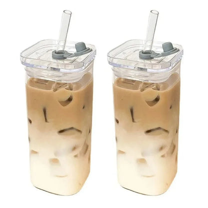 Heat Resistant Glass Cup – Square Transparent Coffee Mug with Lid & Straw, 400ml - ZOOMNSTORE