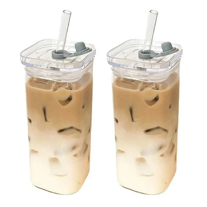 Heat Resistant Glass Cup – Square Transparent Coffee Mug with Lid & Straw, 400ml - ZOOMNSTORE
