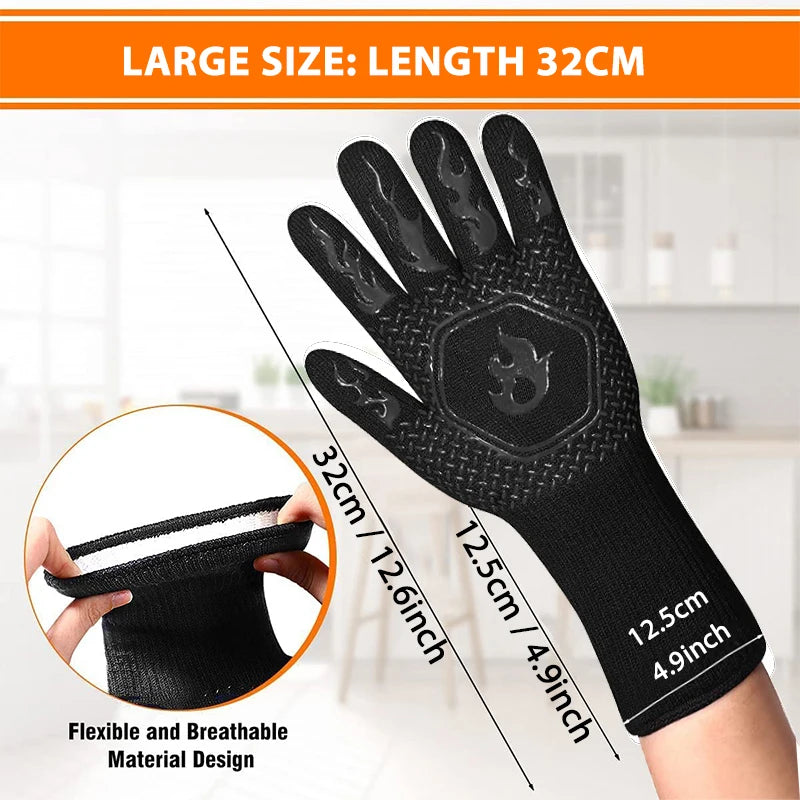 Heat Resistant Oven Gloves | Silicone BBQ Grill Mitts - Fireproof Non Slip Pair - ZOOMNSTORE