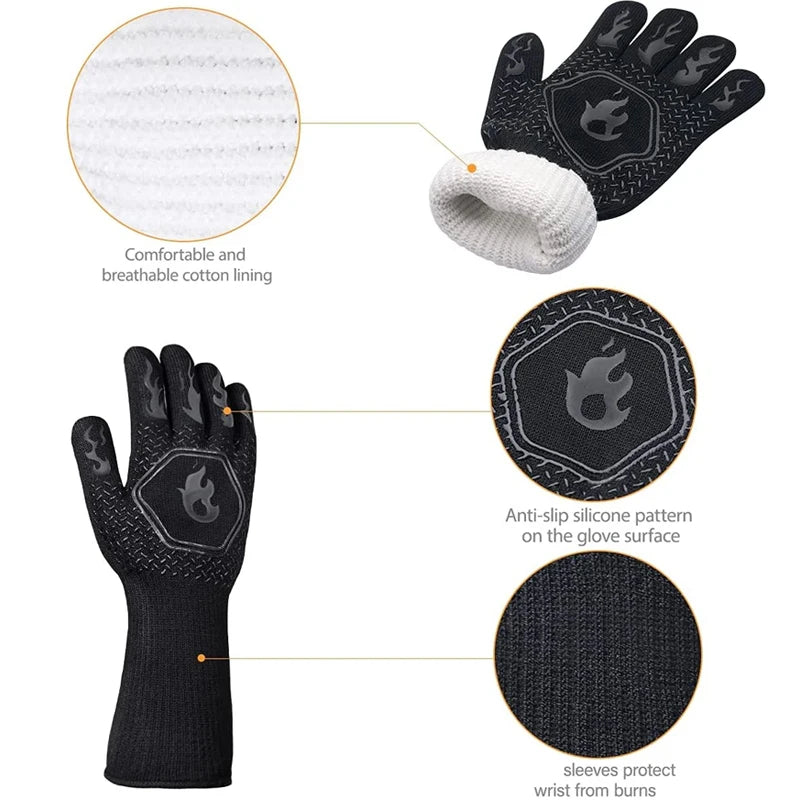 Heat Resistant Oven Gloves | Silicone BBQ Grill Mitts - Fireproof Non Slip Pair - ZOOMNSTORE