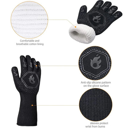 Heat Resistant Oven Gloves | Silicone BBQ Grill Mitts - Fireproof Non Slip Pair - ZOOMNSTORE