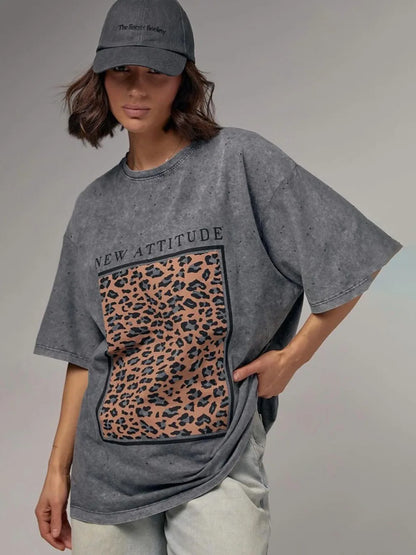 Heavyweight Cotton T-Shirt - Womens Retro Casual Short Sleeve Top in Washed Black - ZOOMNSTORE