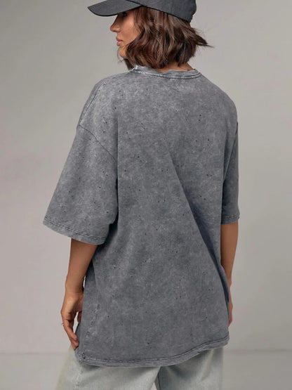 Heavyweight Cotton T-Shirt - Womens Retro Casual Short Sleeve Top in Washed Black - ZOOMNSTORE