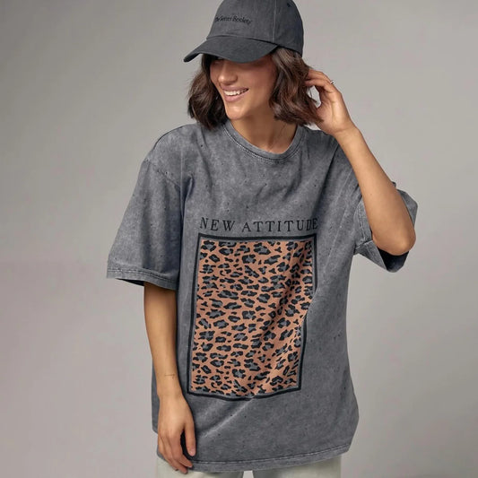 Heavyweight Cotton T-Shirt - Womens Retro Casual Short Sleeve Top in Washed Black - ZOOMNSTORE