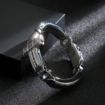 Fongten Cross Charms Bangle For Men Stainless Steel Heavy Mens Bangle Bracelets Male Retro Rune Silver Color Jewelry Armband