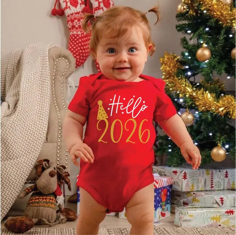 Hello 2026 Newborn Baby Bodysuit Cotton Short Sleeve Infant Rompers Body Baby Boys Girls New Year Ropa Clothes Christmas Gift - ZOOMNSTORE