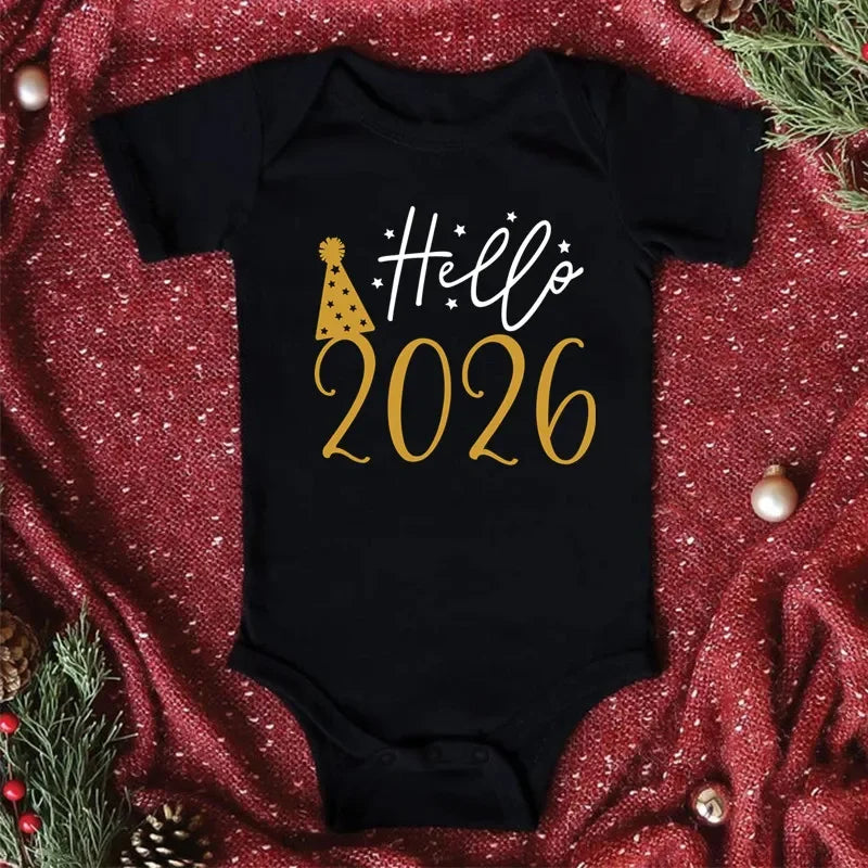 Hello 2026 Newborn Baby Bodysuit Cotton Short Sleeve Infant Rompers Body Baby Boys Girls New Year Ropa Clothes Christmas Gift - ZOOMNSTORE