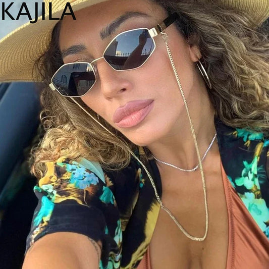 Hexagon Sunglasses with Chain - Luxury Punk Shades for Women - ZOOMNSTORE
