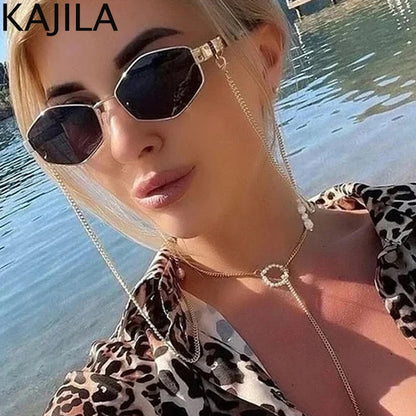 Hexagon Sunglasses with Chain - Luxury Punk Shades for Women - ZOOMNSTORE