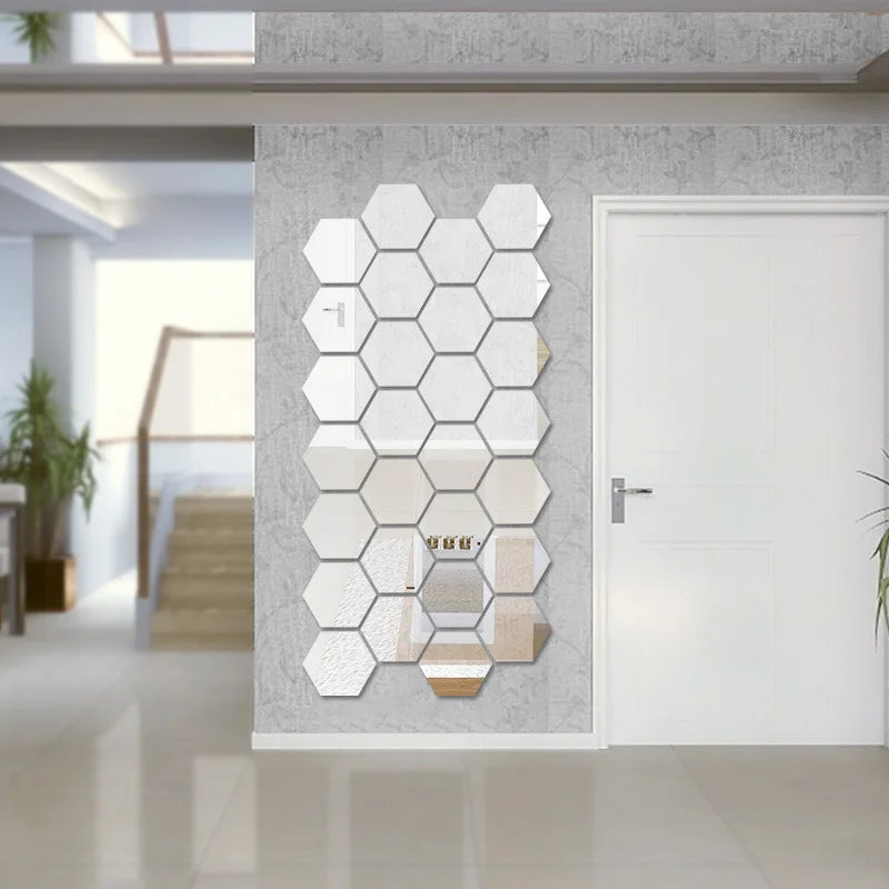 Hexagonal Mirror Stickers – 12PCS Geometric Wall Decor with Built-In Adhesive - ZOOMNSTORE