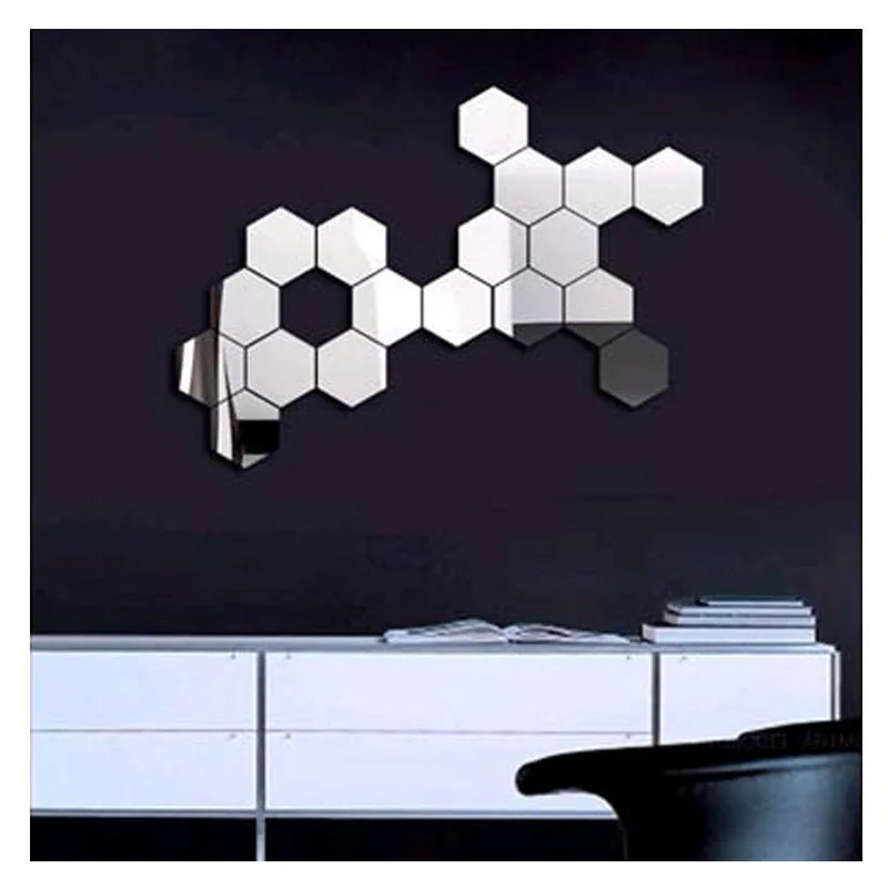 Hexagonal Mirror Stickers – 12PCS Geometric Wall Decor with Built-In Adhesive - ZOOMNSTORE