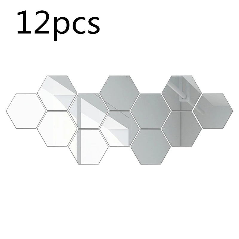Hexagonal Mirror Stickers – 12PCS Geometric Wall Decor with Built-In Adhesive - ZOOMNSTORE