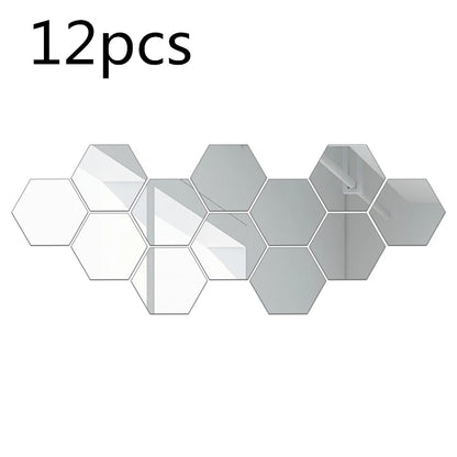 Hexagonal Mirror Stickers – 12PCS Geometric Wall Decor with Built-In Adhesive - ZOOMNSTORE