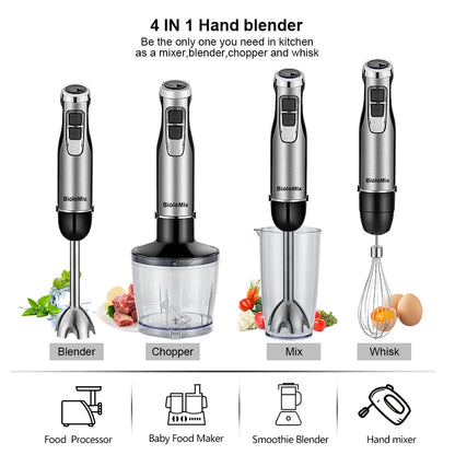 High Power 1200W Immersion Blender with Chopper  Smoothie Cup - Stainless Steel Blades