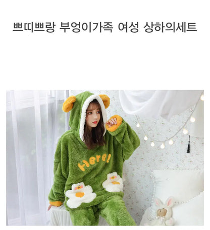 Jielur Warm Women Pajama Sets Winter Lady Long Sleeve Shirt+Pants Home suit Hooded Cartoon Print Thick Pijama Feminino