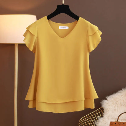 2026 New Summer Women Blouse Loose V-Neck Chiffon Shirt Female Short Sleeve Blouse Oversized Shirts womens tops and blouses Top