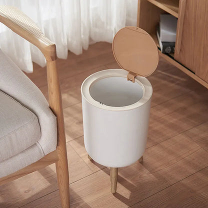 Wooden High Foot Trash Can - Creative Bathroom  Kitchen Wastebin with Press Cover