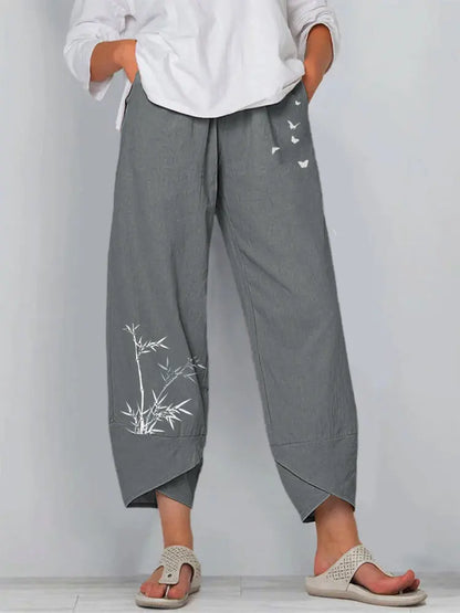 Vintage Print Women Pants Fashion Irregular Casual High Waist Elastic Waist Straight Loose Trousers Summer Lady Cargo Pantalon