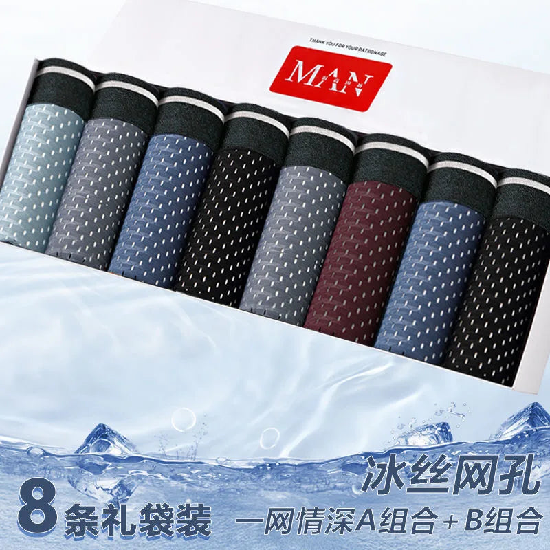 8pcs/Lot Men's Panties Ice Silk Male Underpants Breathable Summer Man Shorts Boxers Underwear Homme Bamboo Hole Large Size L-5XL