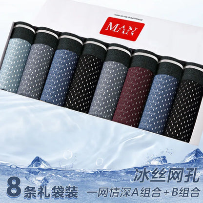 8pcs/Lot Men's Panties Ice Silk Male Underpants Breathable Summer Man Shorts Boxers Underwear Homme Bamboo Hole Large Size L-5XL