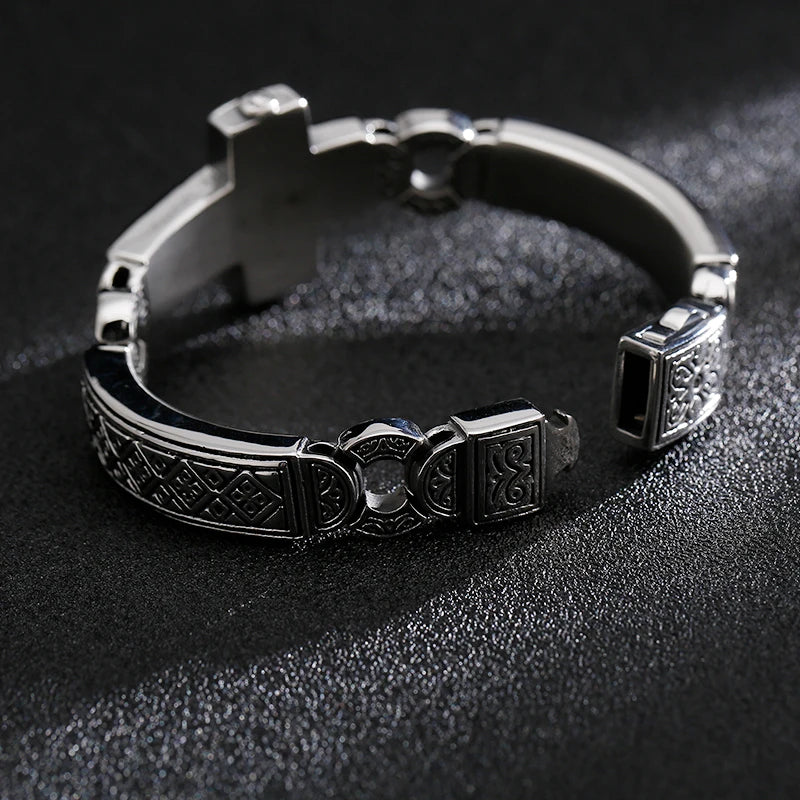 Fongten Cross Charms Bangle For Men Stainless Steel Heavy Mens Bangle Bracelets Male Retro Rune Silver Color Jewelry Armband