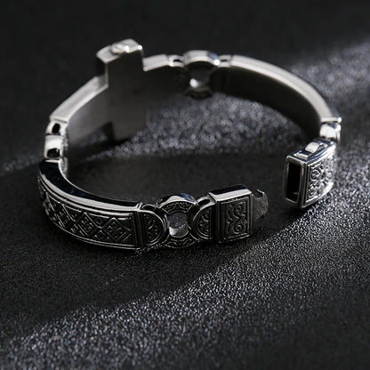 Fongten Cross Charms Bangle For Men Stainless Steel Heavy Mens Bangle Bracelets Male Retro Rune Silver Color Jewelry Armband