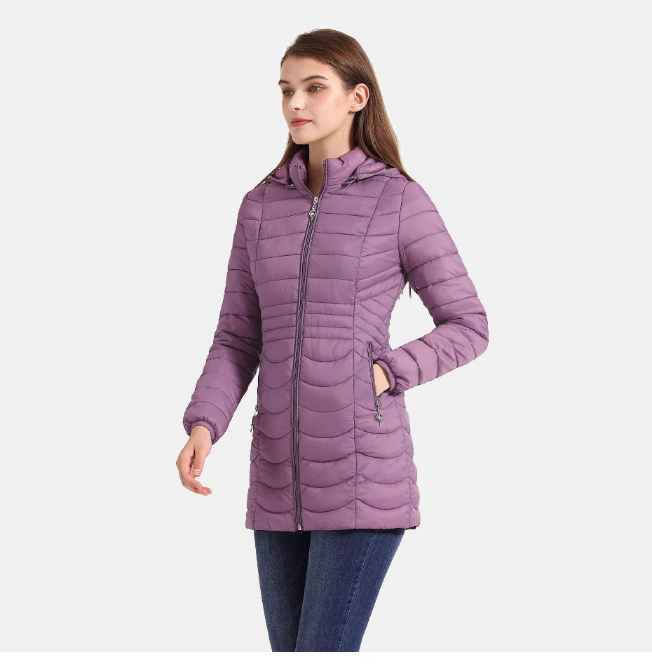 SANTELON Women Long Warm Parka For Women Ultralight Padded Puffer Jacket Coat With Detachable Hood Lightweight Outwear Clothing