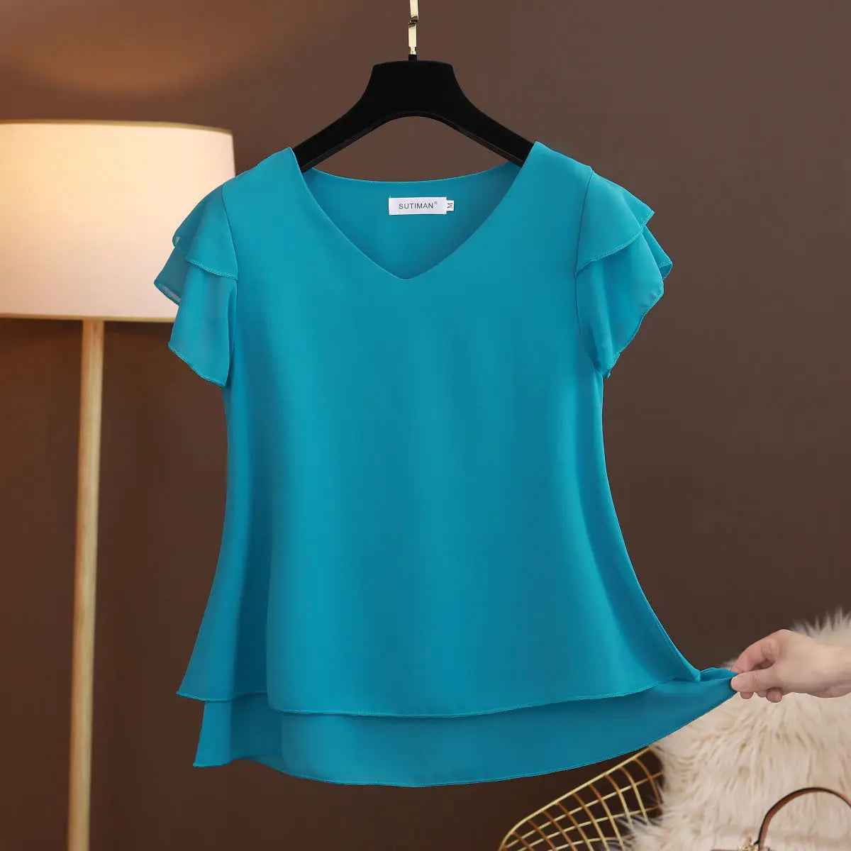 2026 New Summer Women Blouse Loose V-Neck Chiffon Shirt Female Short Sleeve Blouse Oversized Shirts womens tops and blouses Top