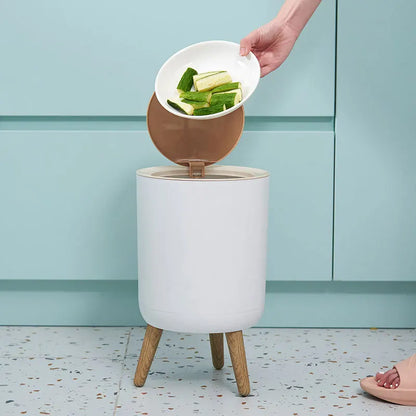 Wooden High Foot Trash Can - Creative Bathroom  Kitchen Wastebin with Press Cover