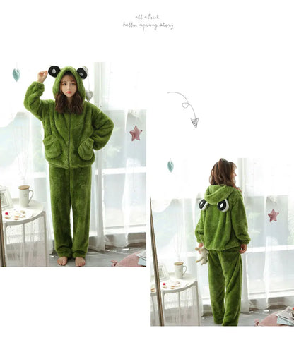 Jielur Warm Women Pajama Sets Winter Lady Long Sleeve Shirt+Pants Home suit Hooded Cartoon Print Thick Pijama Feminino