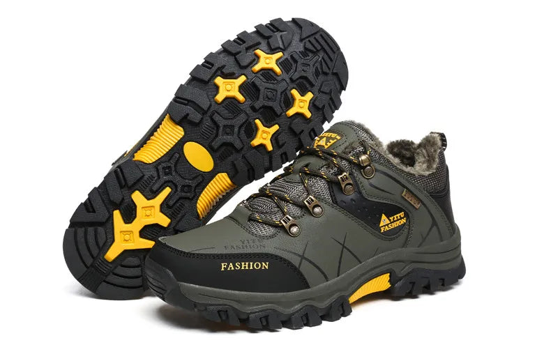 Men Winter Snow Boots - Waterproof Leather Hiking Shoes With Rubber Sole