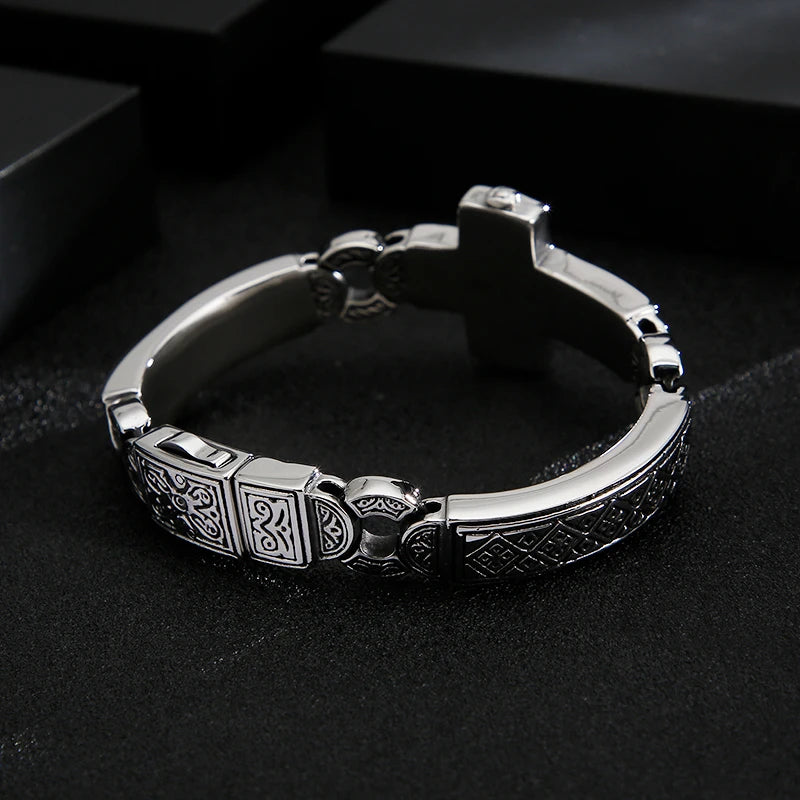 Fongten Cross Charms Bangle For Men Stainless Steel Heavy Mens Bangle Bracelets Male Retro Rune Silver Color Jewelry Armband
