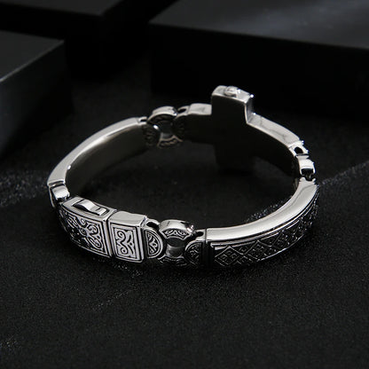 Fongten Cross Charms Bangle For Men Stainless Steel Heavy Mens Bangle Bracelets Male Retro Rune Silver Color Jewelry Armband