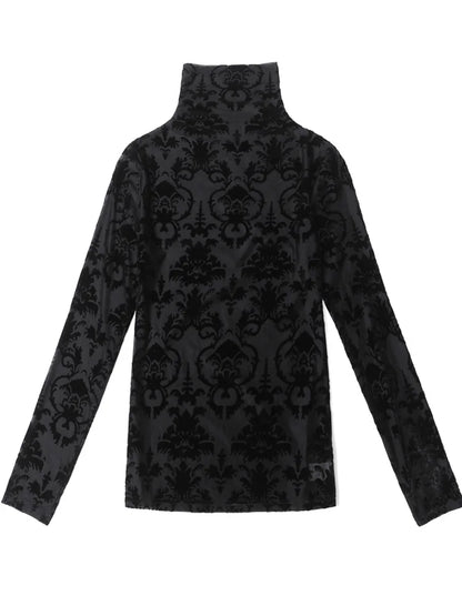 High Collar T Shirt - Korean Fashion Floral Mesh Long Sleeve Tees For Women - ZOOMNSTORE