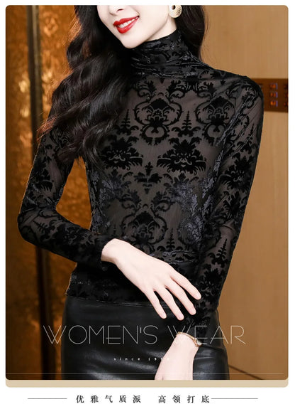 High Collar T Shirt - Korean Fashion Floral Mesh Long Sleeve Tees For Women - ZOOMNSTORE