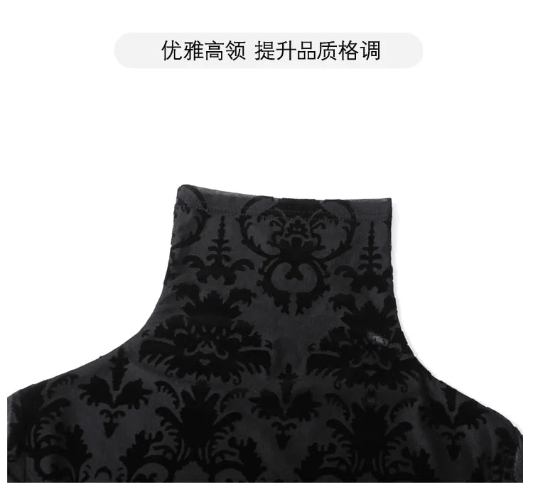 High Collar T Shirt - Korean Fashion Floral Mesh Long Sleeve Tees For Women - ZOOMNSTORE