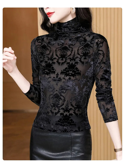 High Collar T Shirt - Korean Fashion Floral Mesh Long Sleeve Tees For Women - ZOOMNSTORE