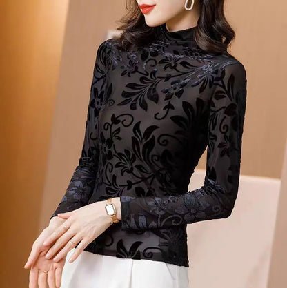 High Collar T Shirt - Korean Fashion Floral Mesh Long Sleeve Tees For Women - ZOOMNSTORE