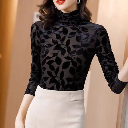 High Collar T Shirt - Korean Fashion Floral Mesh Long Sleeve Tees For Women - ZOOMNSTORE