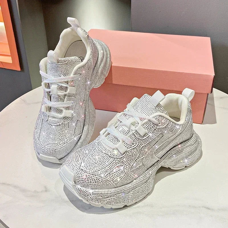 High Heel Platform Sneakers - Womens Lace-Up Casual Crystal Running Shoes - ZOOMNSTORE