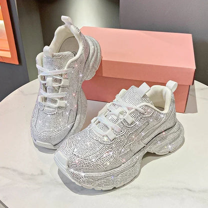 High Heel Platform Sneakers - Womens Lace-Up Casual Crystal Running Shoes - ZOOMNSTORE