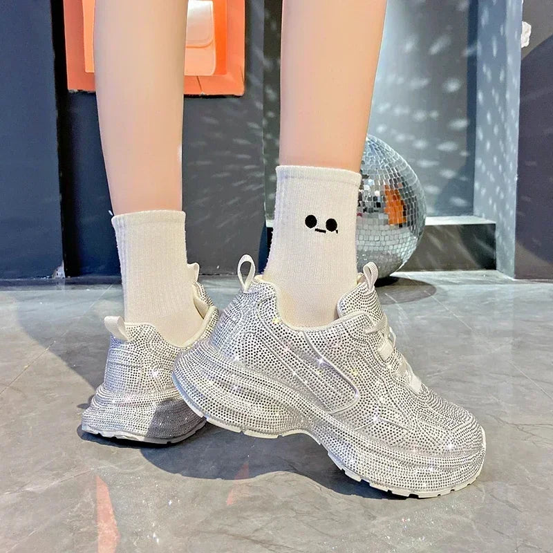 High Heel Platform Sneakers - Womens Lace-Up Casual Crystal Running Shoes - ZOOMNSTORE