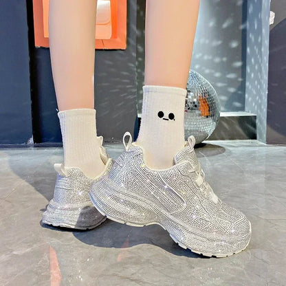 High Heel Platform Sneakers - Womens Lace-Up Casual Crystal Running Shoes - ZOOMNSTORE