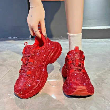 High Heel Platform Sneakers - Womens Lace-Up Casual Crystal Running Shoes - ZOOMNSTORE