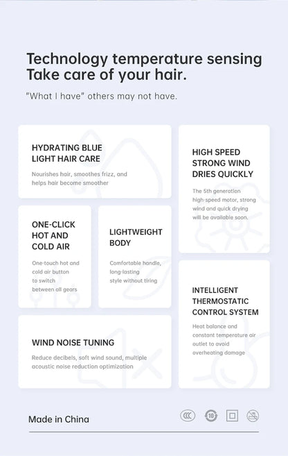 High Speed Hair Dryer – Blue Light Ion, Infrared Heating, 3-Speed Temperature, EU Plug - ZOOMNSTORE