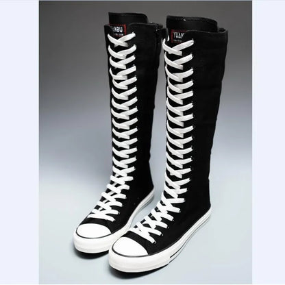 High Top Canvas Shoes - Women's Knee High Boots | Lace Up Flat Heel Canvas Footwear - ZOOMNSTORE