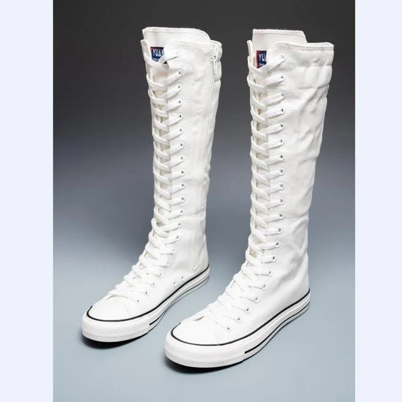 High Top Canvas Shoes - Women's Knee High Boots | Lace Up Flat Heel Canvas Footwear - ZOOMNSTORE